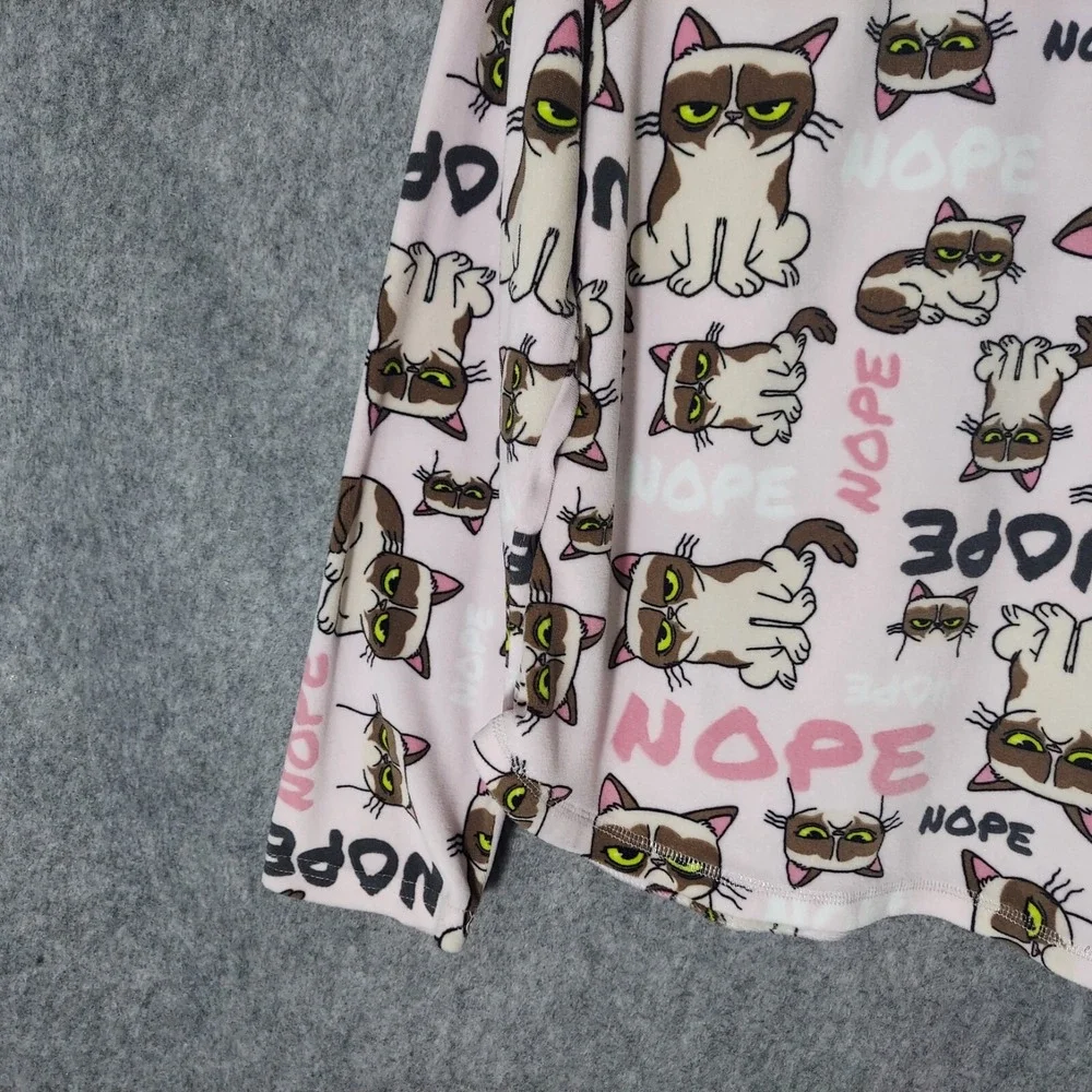Grumpy Cat Pink Crystal Nope‎ Fleece Pajama Top Small S 4-6 Henley Long Sleeve